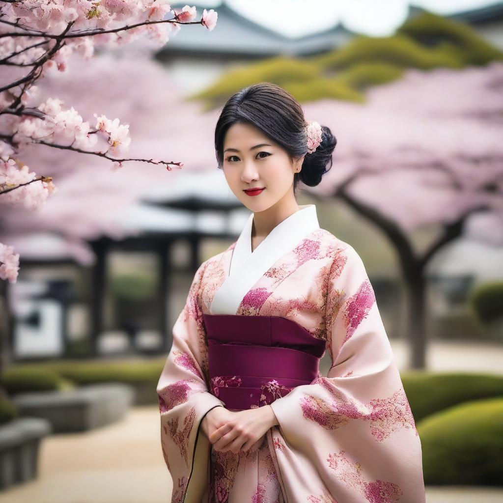 A portrait of a 30-year-old Japanese woman with dark hair and a curvy figure