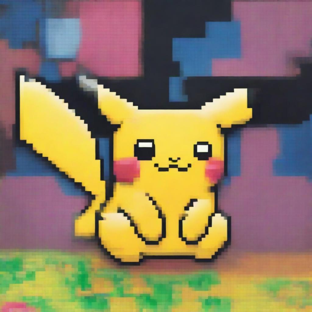 A pixel art depiction of Pikachu, the iconic yellow electric-type Pokémon, standing in a vibrant and colorful pixelated environment