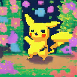 A pixel art depiction of Pikachu, the iconic yellow electric-type Pokémon, standing in a vibrant and colorful pixelated environment