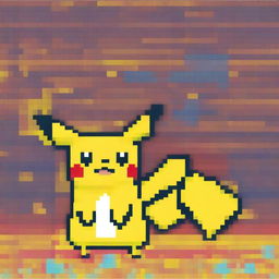 A pixel art depiction of Pikachu, the iconic yellow electric-type Pokémon, standing in a vibrant and colorful pixelated environment