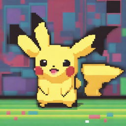 A pixel art depiction of Pikachu, the iconic yellow electric-type Pokémon, standing in a vibrant and colorful pixelated environment