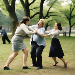 A scene showing two women hitting a man in the groin