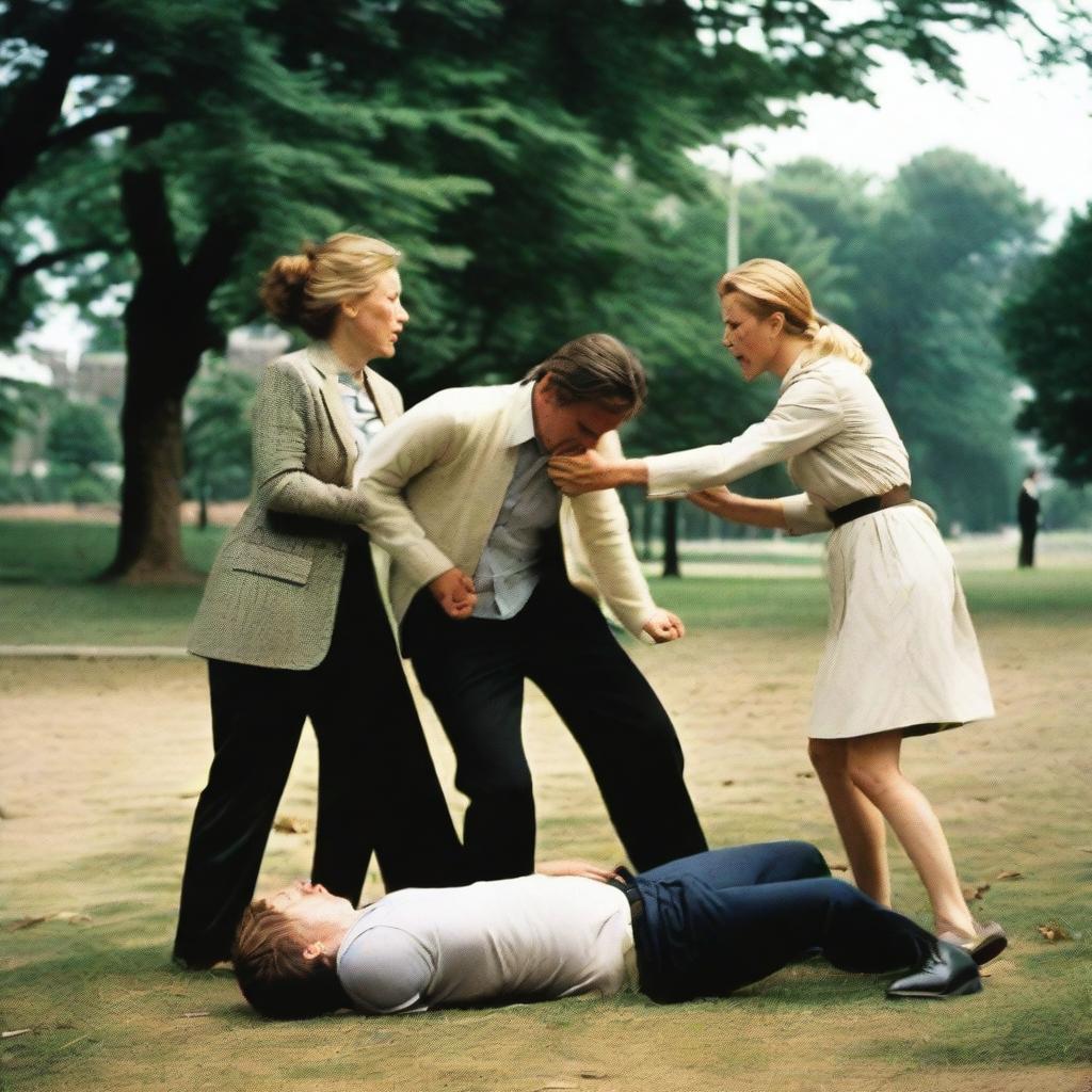 A scene showing two women hitting a man in the groin