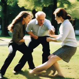 A scene showing two women hitting a man in the groin