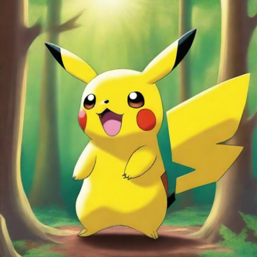 A detailed and colorful image of Pikachu, the iconic electric-type Pokémon, standing in a vibrant forest with a cheerful expression