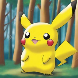 A detailed and colorful image of Pikachu, the iconic electric-type Pokémon, standing in a vibrant forest with a cheerful expression