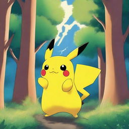 A detailed and colorful image of Pikachu, the iconic electric-type Pokémon, standing in a vibrant forest with a cheerful expression