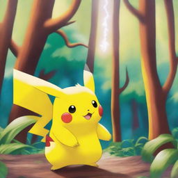 A detailed and colorful image of Pikachu, the iconic electric-type Pokémon, standing in a vibrant forest with a cheerful expression