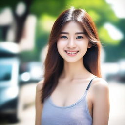 Create an image of an Asian girl with a friendly and welcoming expression