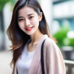 Create an image of an Asian girl with a friendly and welcoming expression