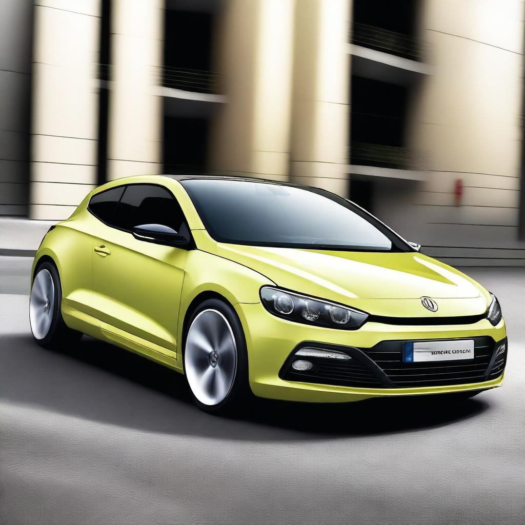 A sleek and modern car design that combines the sporty elements of the VW Scirocco with the unique and innovative features of the Hyundai Veloster