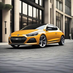 A sleek and modern car design that combines the sporty elements of the VW Scirocco with the unique and innovative features of the Hyundai Veloster