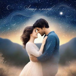 A romantic book cover featuring a couple embracing under a starry night sky