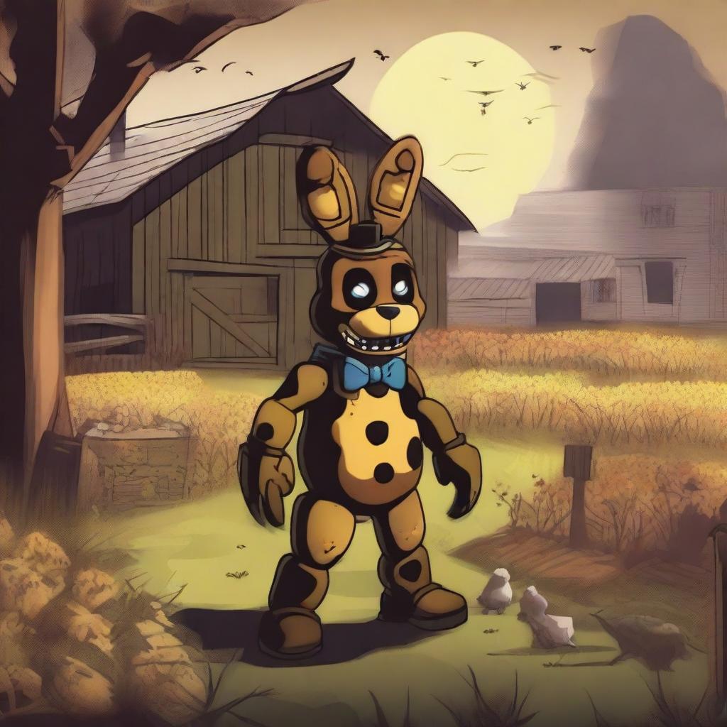 A detailed illustration of a farm scene featuring Springbonnie from the Five Nights at Freddy's (FNAF) horror series