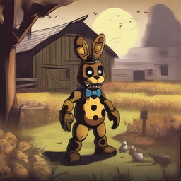 A detailed illustration of a farm scene featuring Springbonnie from the Five Nights at Freddy's (FNAF) horror series