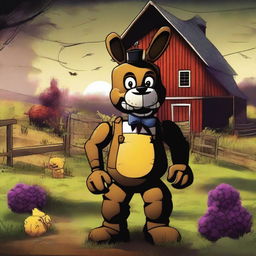 A detailed illustration of a farm scene featuring Springbonnie from the Five Nights at Freddy's (FNAF) horror series