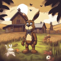 A detailed illustration of a farm scene featuring Springbonnie from the Five Nights at Freddy's (FNAF) horror series