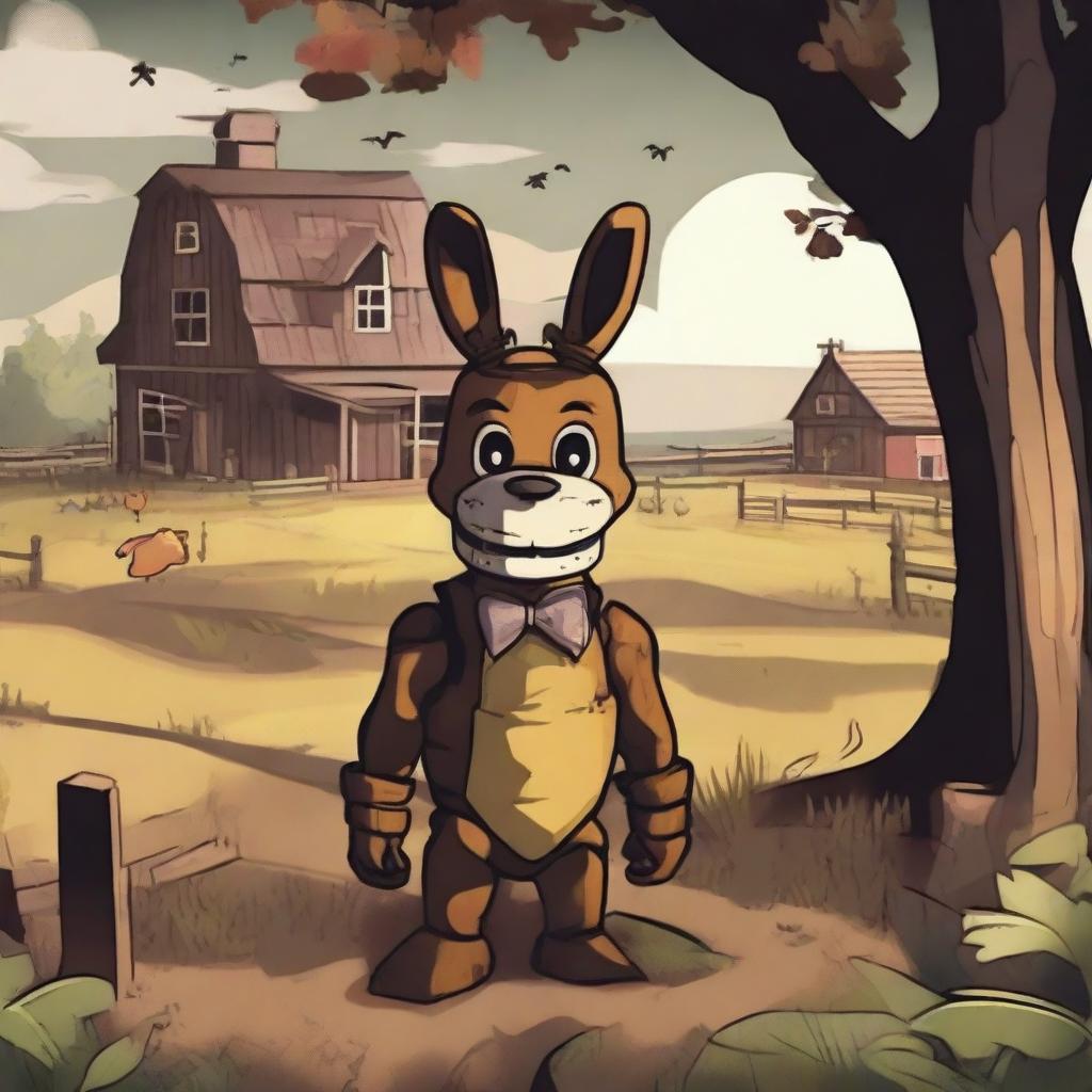 A detailed illustration of a farm scene featuring Springbonnie from the Five Nights at Freddy's (FNAF) horror series