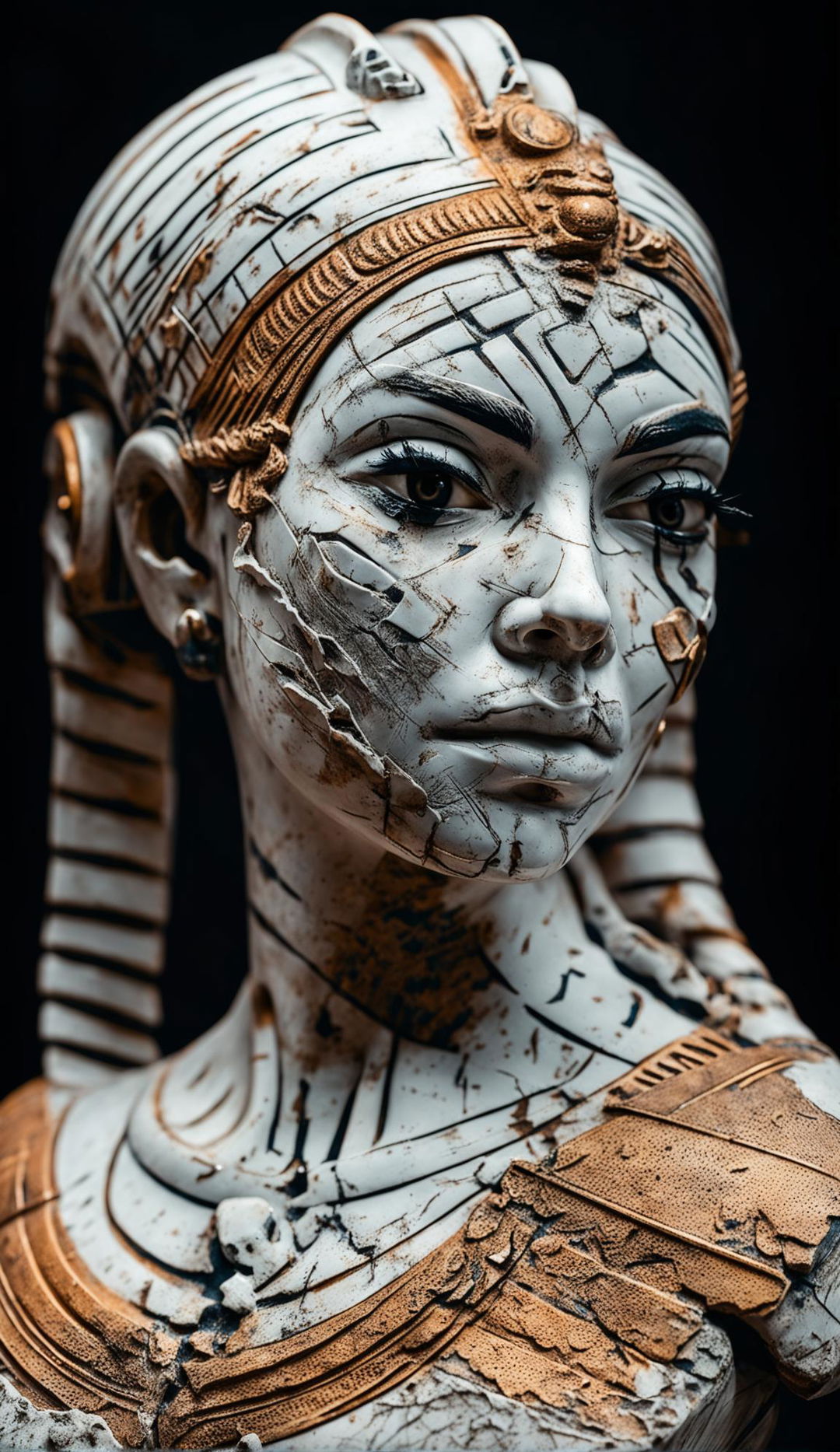 High-definition photograph of an ancient porcelain bust of Cleopatra, beautifully detailed yet aged and worn over time, embodying wabi-sabi in its composition.