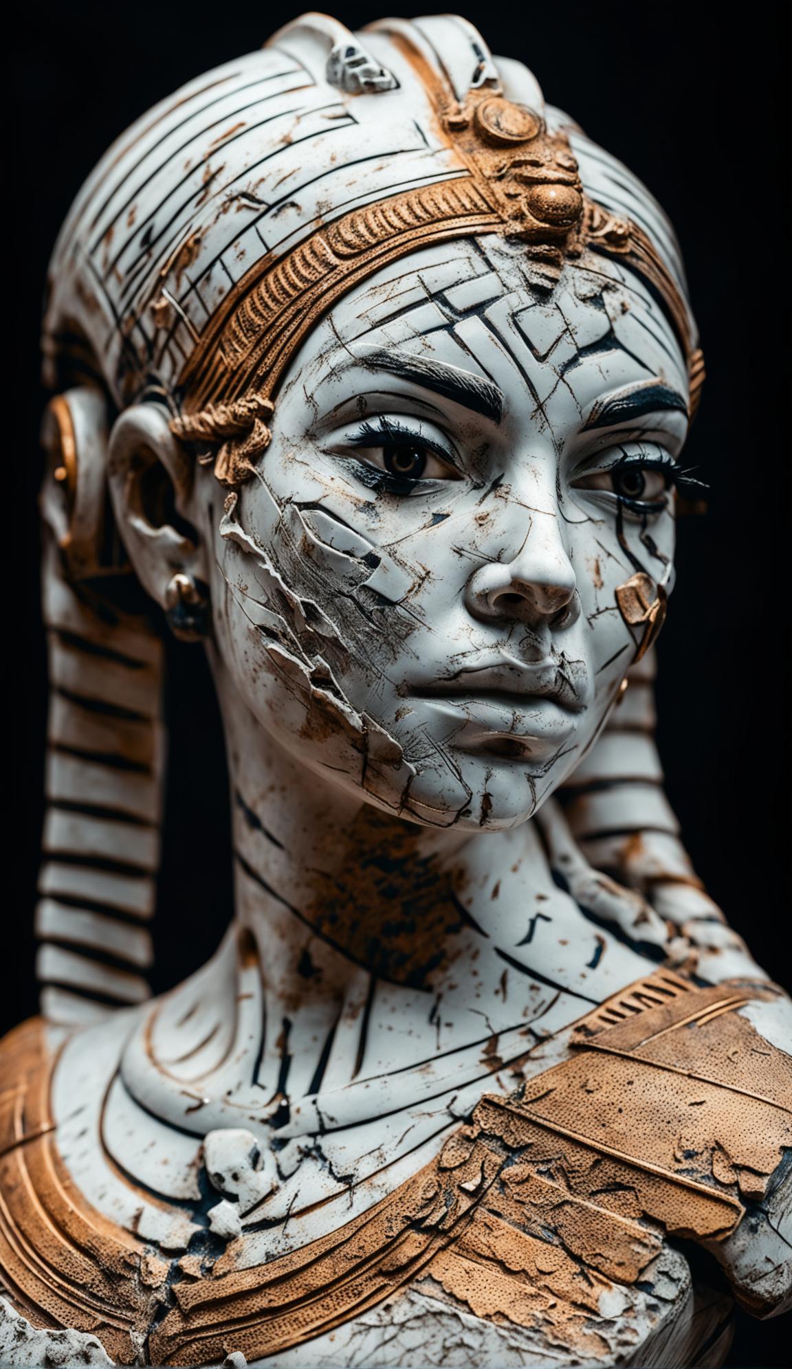 High-definition photograph of an ancient porcelain bust of Cleopatra, beautifully detailed yet aged and worn over time, embodying wabi-sabi in its composition.