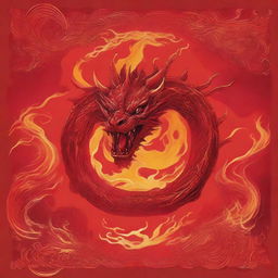 A book cover with an all-red background featuring fiery shapes and dragon flames