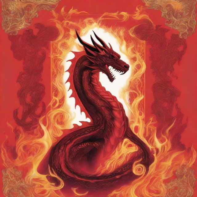 A book cover with an all-bright-red background featuring fiery shapes and dragon flames