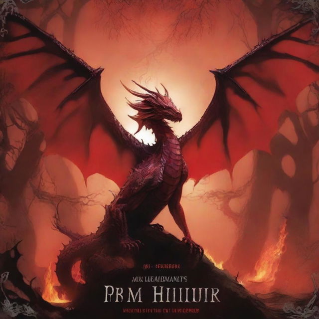 An eerie book cover with a red background featuring fire, trees, and a dragon's wing