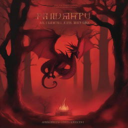 An eerie book cover with a red background featuring fire, trees, and a dragon's wing