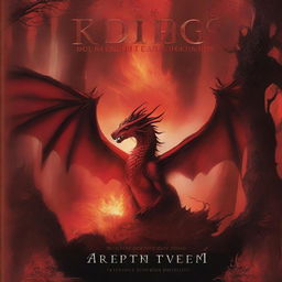 An eerie book cover with a red background featuring fire, trees, and a dragon's wing