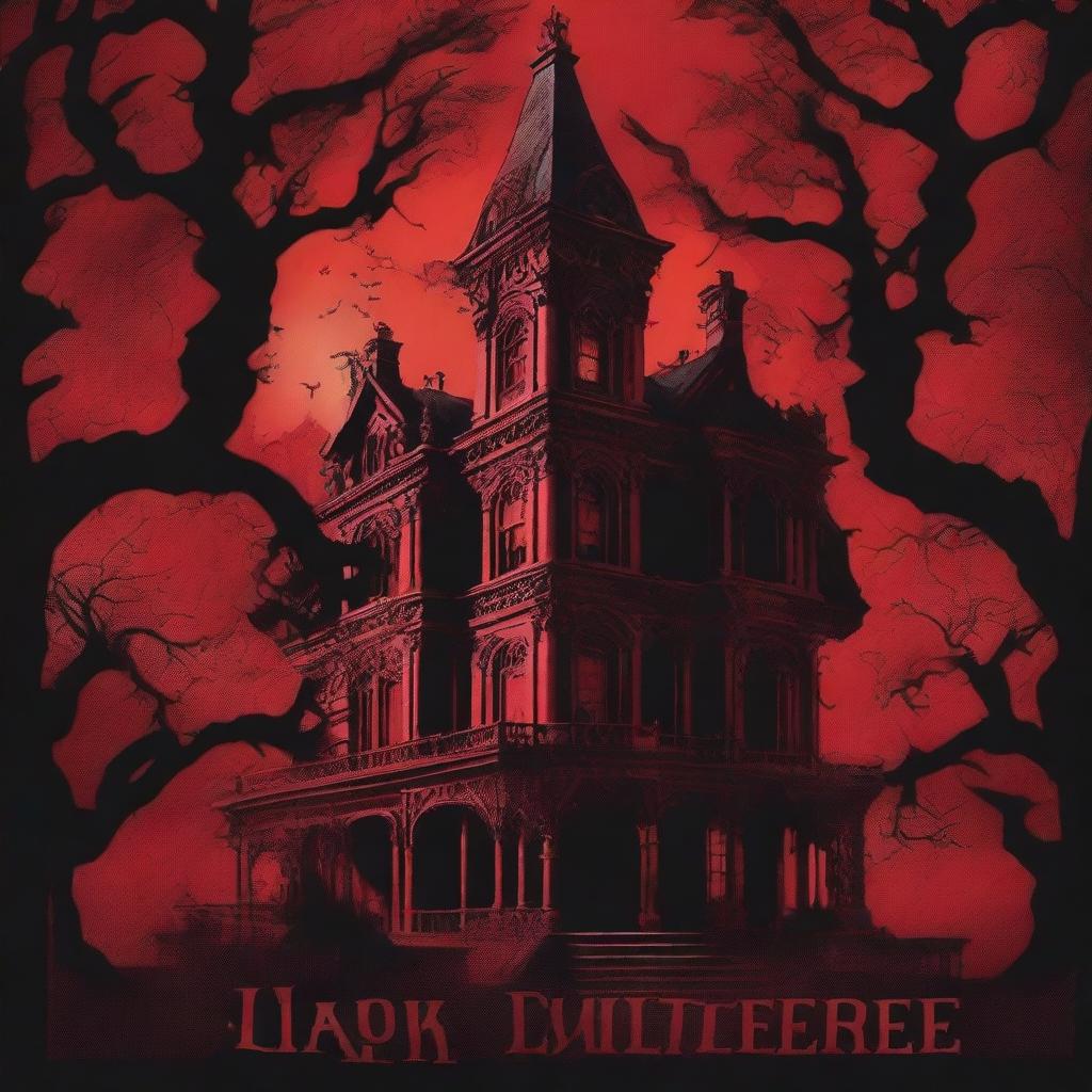 An eerie book cover with a red background featuring fire, twisted trees, and a dark mansion