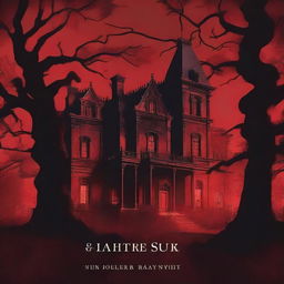 An eerie book cover with a red background featuring fire, twisted trees, and a dark mansion