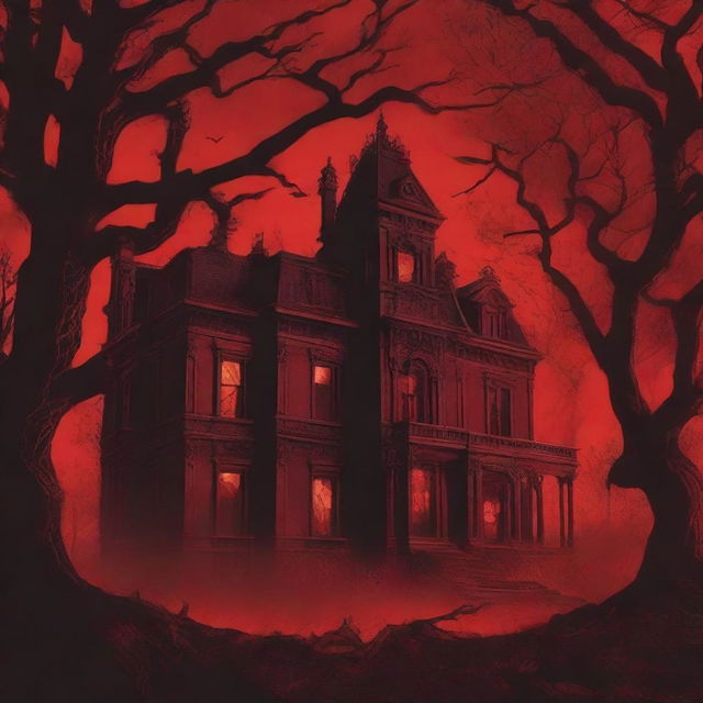 An eerie book cover with a red background featuring fire, twisted trees, and a dark mansion