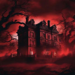 An eerie book cover with a red background featuring fire, twisted trees, and a dark mansion