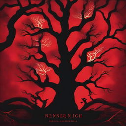 An eerie book cover with a red background featuring fire, twisted trees, and cursed shapes