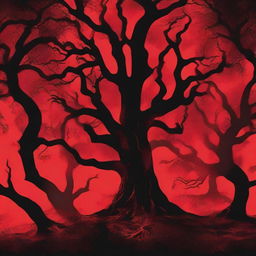 An eerie book cover with a red background featuring fire, twisted trees, and cursed shapes