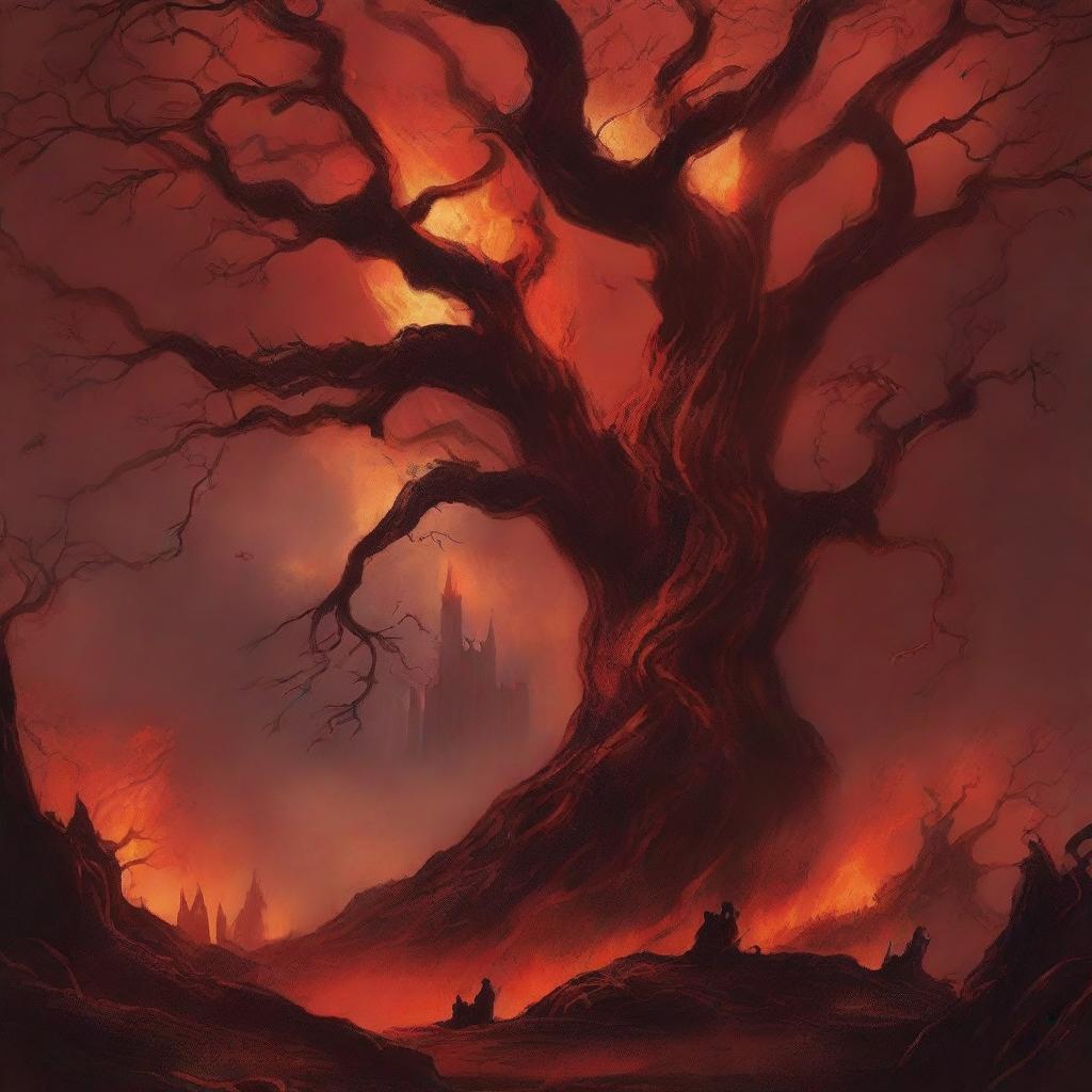 An eerie book cover with a red background featuring fire, twisted trees, and a kingdom on fire