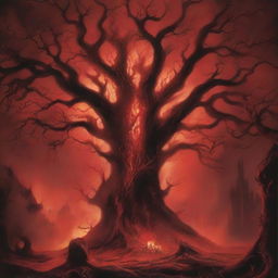 An eerie book cover with a red background featuring fire, twisted trees, and a kingdom on fire