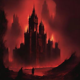 An eerie scene with a red background featuring a kingdom on fire