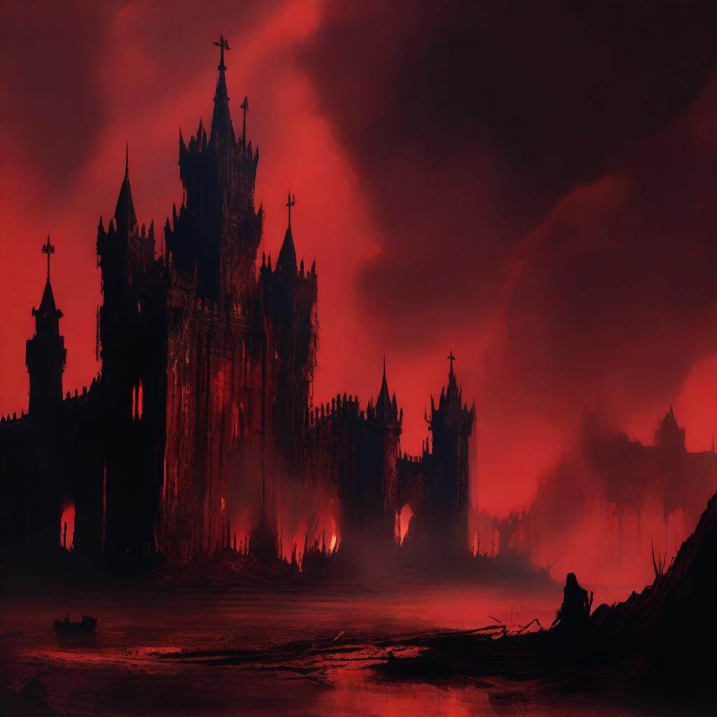 An eerie scene with a red background featuring a kingdom on fire