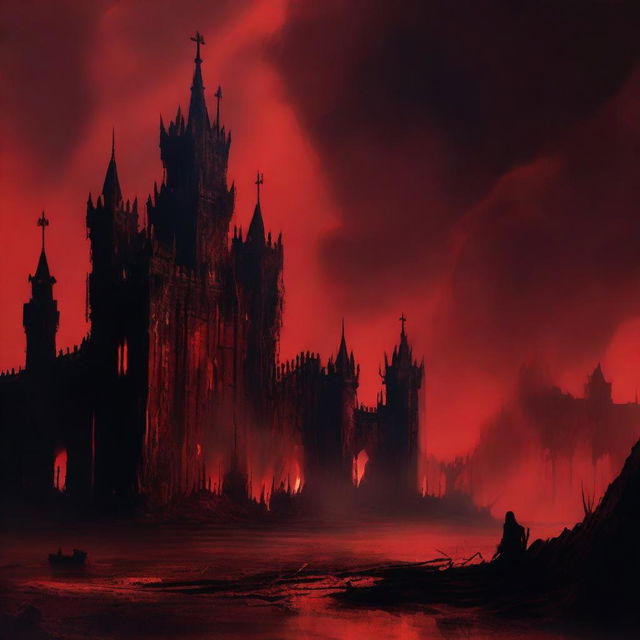 An eerie scene with a red background featuring a kingdom on fire