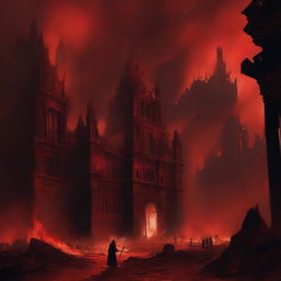 An eerie scene with a red background featuring a kingdom on fire