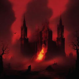 An eerie scene with a red background featuring a kingdom on fire