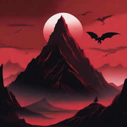 An eerie scene with a red background featuring a lone mountain and a dragon flying above it