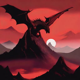 An eerie scene with a red background featuring a lone mountain and a dragon flying above it