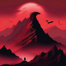 An eerie scene with a red background featuring a lone mountain and a dragon flying above it