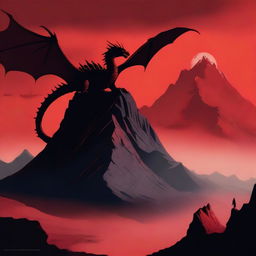 An eerie scene with a red background featuring a lone mountain and a dragon flying above it