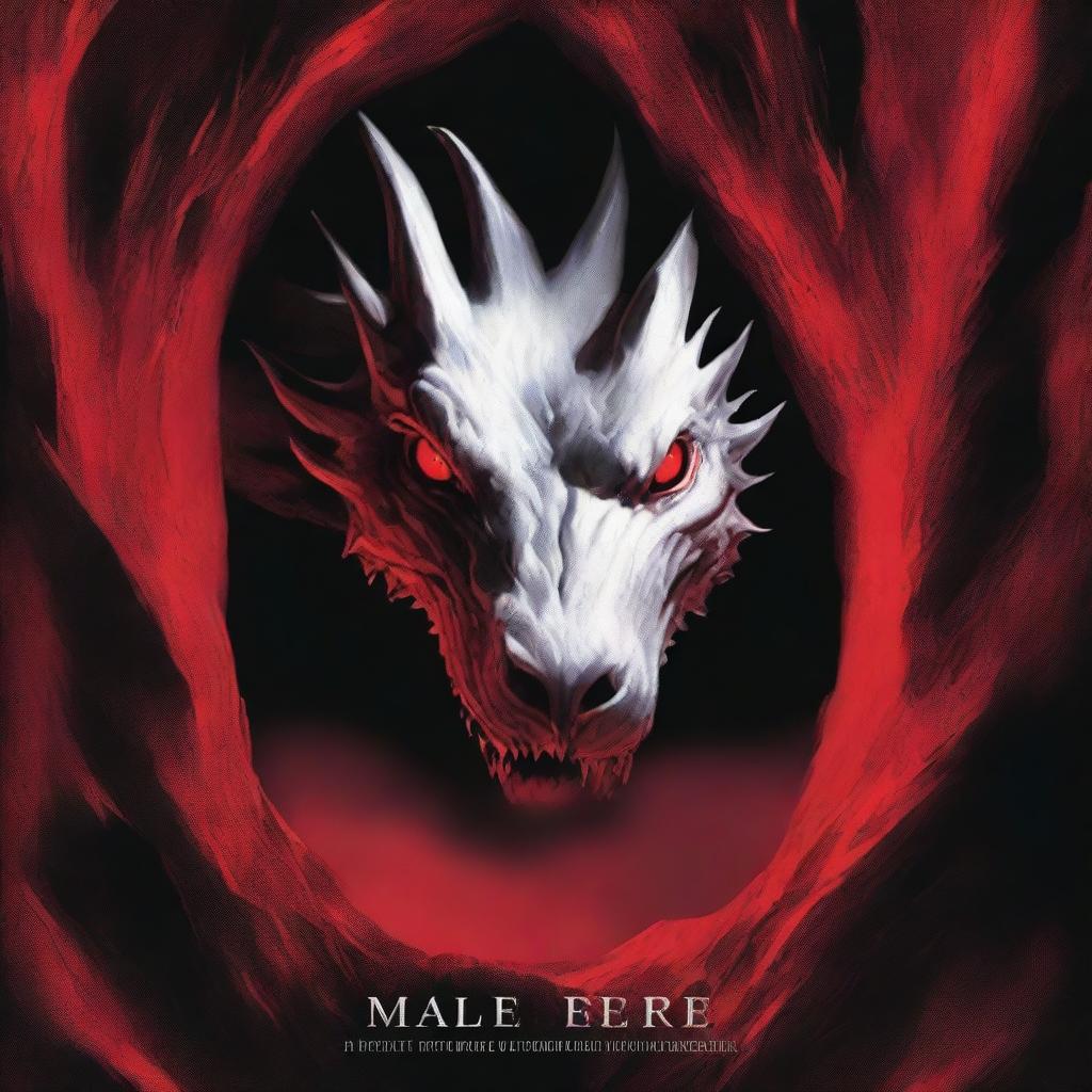 An eerie book cover with a red background featuring white dragon eyes peering from a dark cave