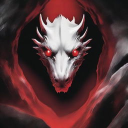 An eerie book cover with a red background featuring white dragon eyes peering from a dark cave