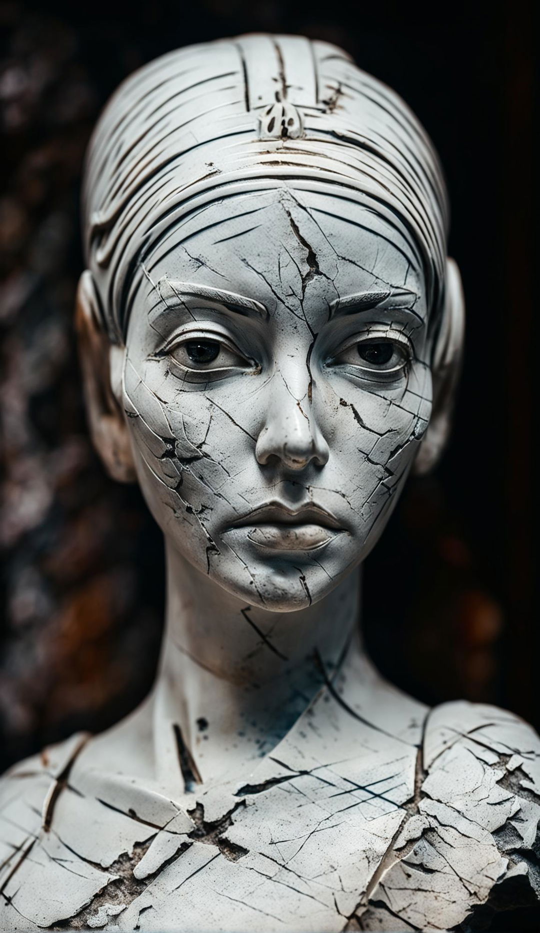 High-definition photograph of an ancient porcelain statue of Cleopatra's bust with intricate details and small cracks over time, embodying wabi-sabi aesthetics in an ambient composition.