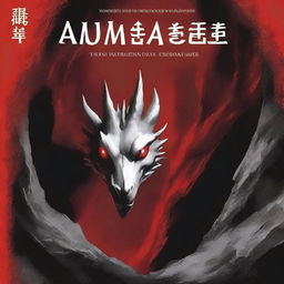 An eerie book cover with a red background featuring white dragon eyes peering from a dark cave